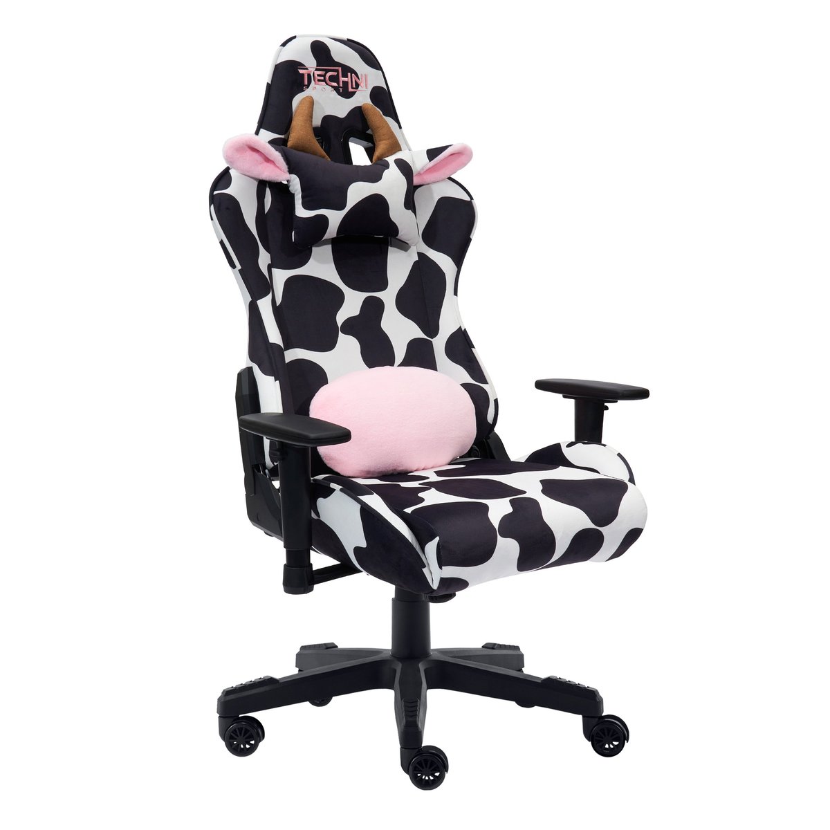 Black and white cow print gaming chair with pink accents and adjustable armrests on a wheeled base