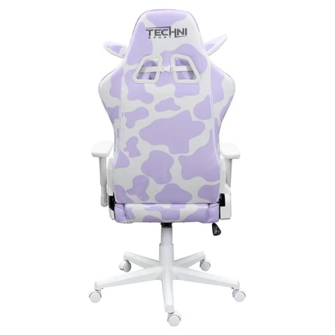 Purple cow-print gaming chair with TECHNI branding and white base with wheels